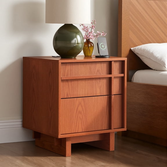 Mid Century Modern Nightstand with Charging Station, 2 Drawers, Skeleton Line & Wood Grain, Cherry