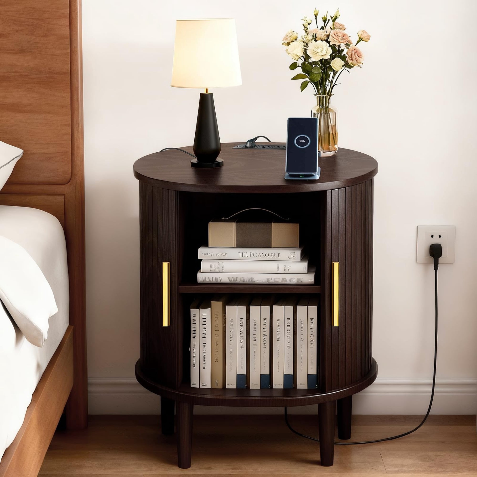 Mid Century Modern Nightstand with Charging Station, Fluted Side Table with Sliding Door & Adjustable Shelf, Coffee