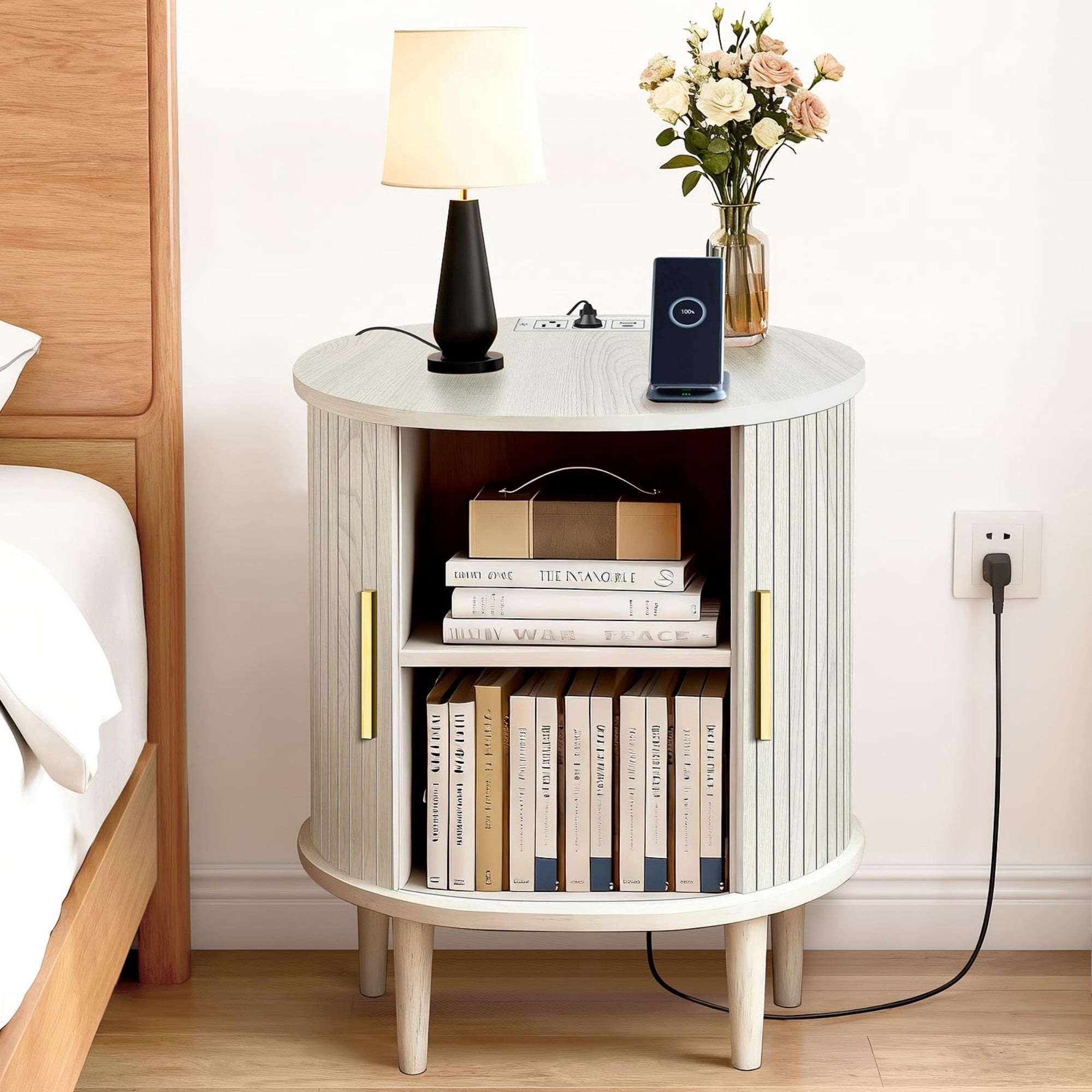 Mid Century Modern Nightstand with Charging Station, Fluted Side Table with Sliding Door & Adjustable Shelf, White