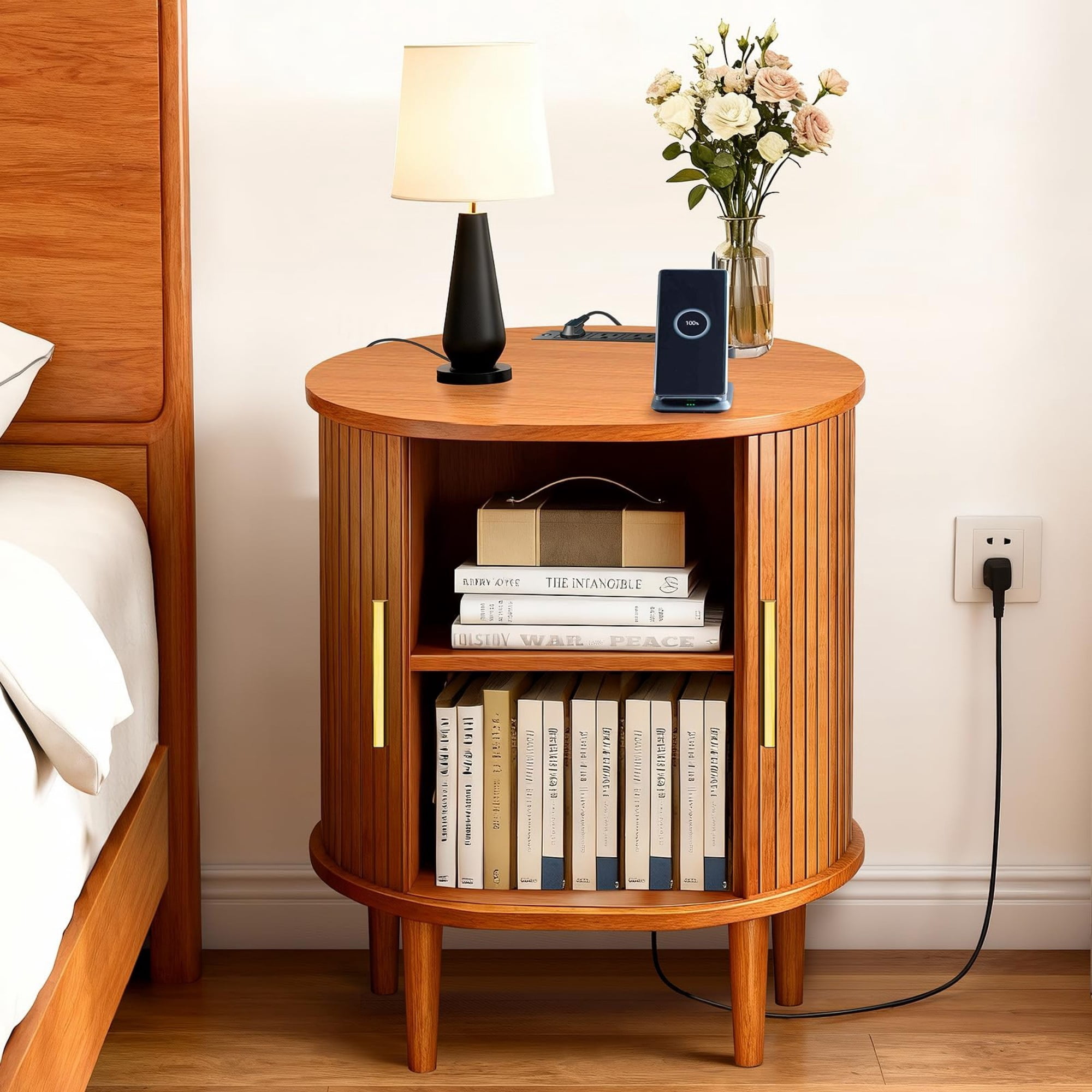 Mid Century Modern Nightstand with Charging Station, Fluted Side Table with Sliding Door & Adjustable Shelf, Yellow