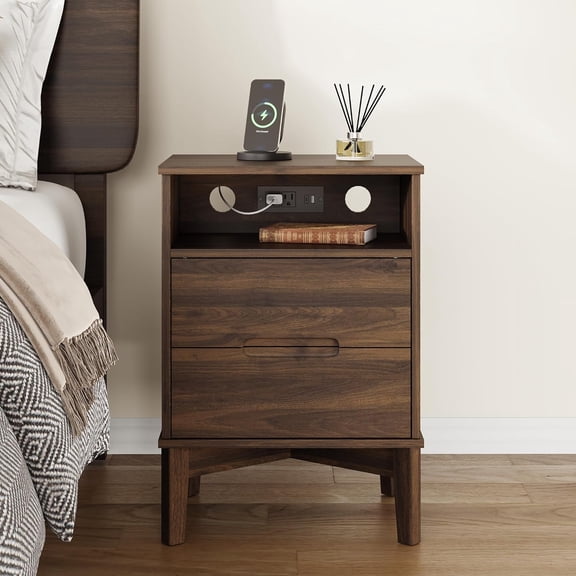 Mid Century Modern Nightstand with Charging Station & USB-C, 26" Tall Bedside Table with 2 Drawers, Solid Wood Legs End Table, Dark Walnut