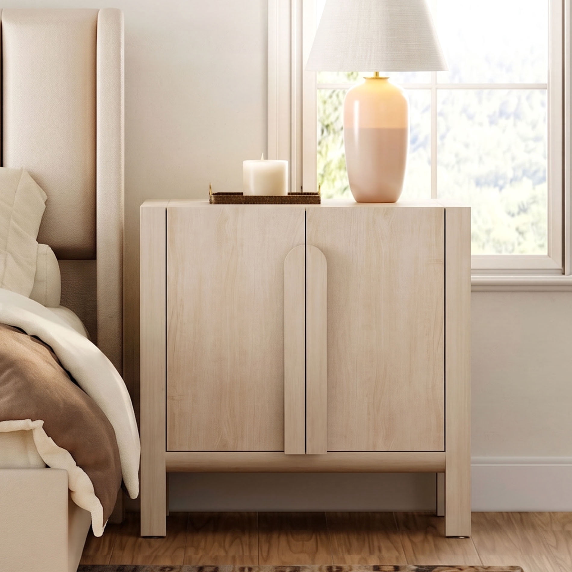 Mid-Century Modern Nightstand with Doors, 31.5" Large End Table, Wooden Bedside Table Storage Cabinet for Bedroom, Living Room,Entryway