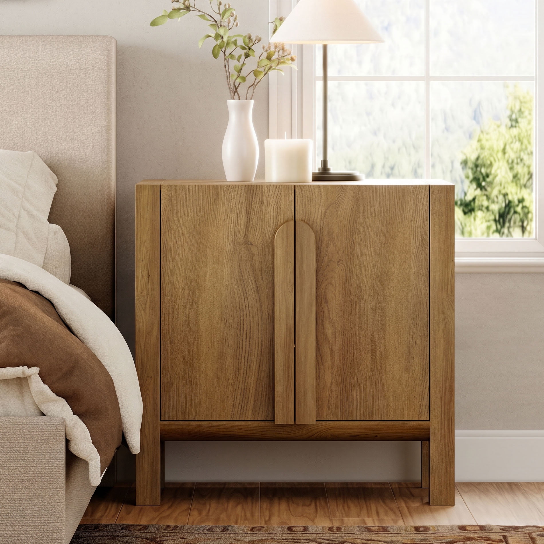 Mid-Century Modern Nightstand with Doors, 31.5" Large End Table, Wooden Bedside Table Storage Cabinet for Bedroom, Living Room,Entryway