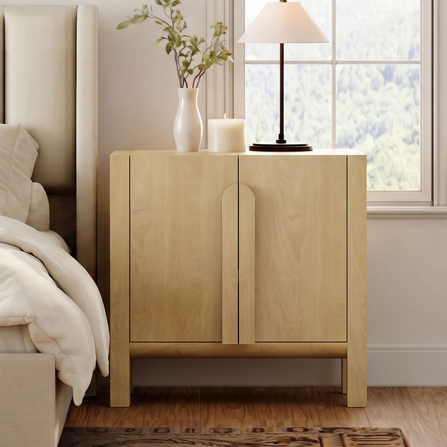 Mid-Century Modern Nightstand with Doors, 31.5" Large End Table, Wooden Bedside Table Storage Cabinet for Bedroom, Living Room,Entryway