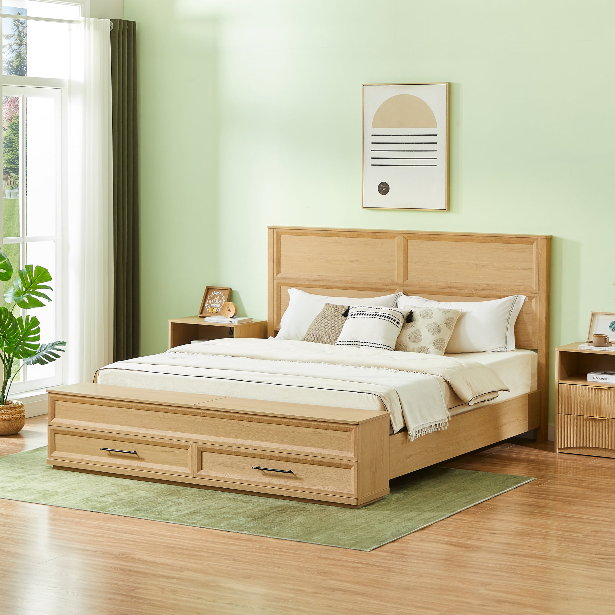 Mid-Century Modern Oak Wood Frame King Size Platform Bed, King Wooden Platform Bed with Storage Bench & 2 Drawers
