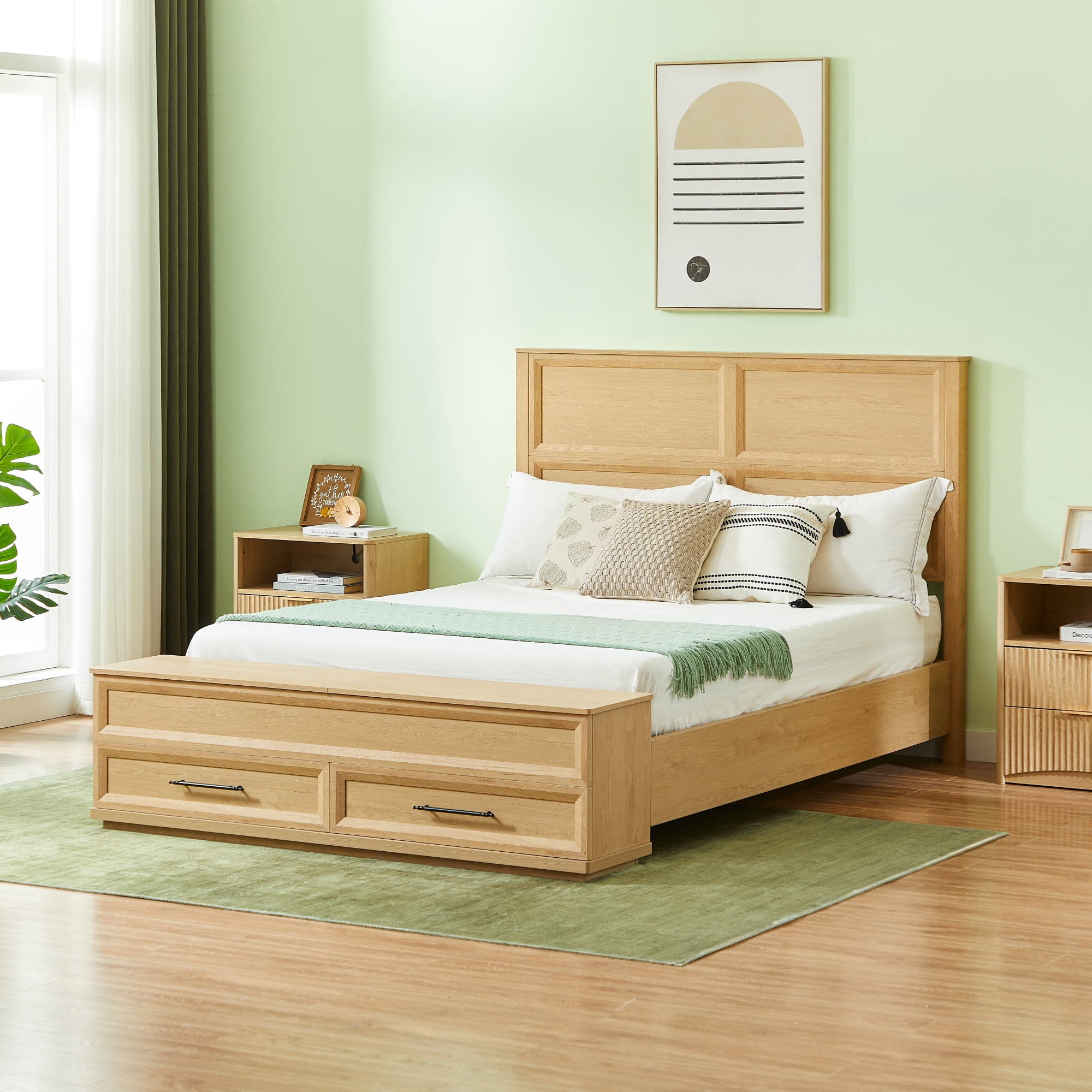 Mid-Century Modern Oak Wood Frame Queen Size Platform Bed, Queen Wooden Platform Bed with Storage Bench & 2 Drawers