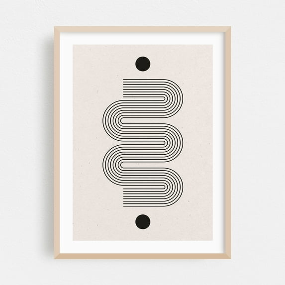 Mid Century Modern Objects No.1 - Mixed Media Geometric Minimalist Line Art Abstract Pattern Modern Art Black and White Oak Framed Wall Art Print 16 x 24 inches