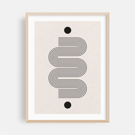 Mid Century Modern Objects No.1 - Mixed Media Geometric Minimalist Line Art Abstract Pattern Modern Art Black and White Oak Framed Wall Art Print 5 x 7 inches
