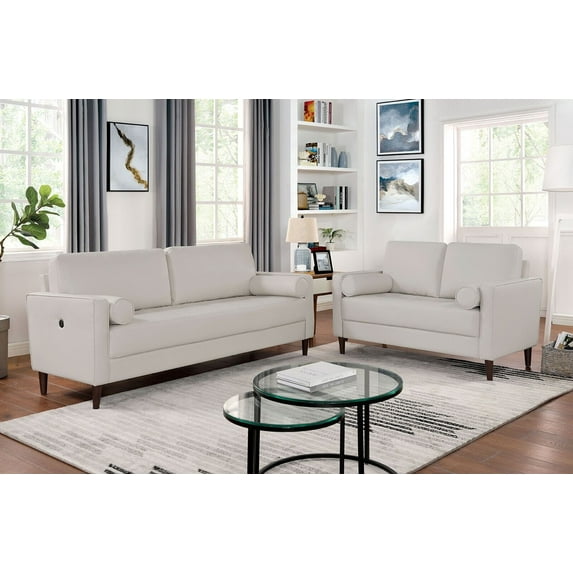 Mid-Century Modern Off-White 2pc Sofa Set Leatherette Upholstered Sofa And Loveseat w USB Living Room