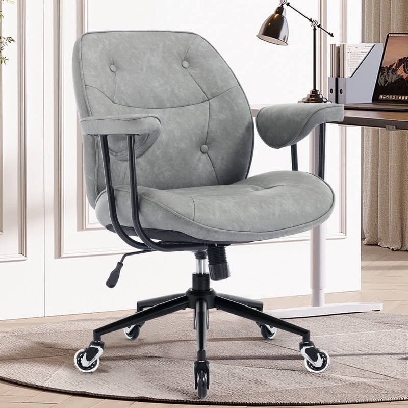Mid Century Modern Office Desk Chair with Wheels and Arms, Mid Back Ergonomic Office Chair with Lumbar Support, Swivel Leather Computer Desk Chair for All Day Comfort