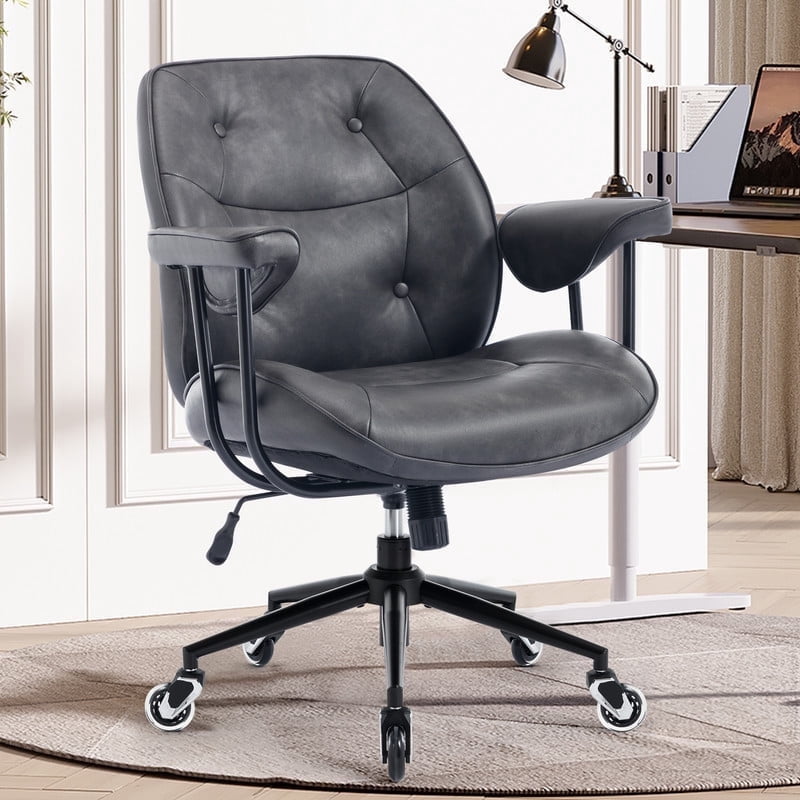 Mid Century Modern Office Desk Chair with Wheels and Arms, Mid Back Ergonomic Office Chair with Lumbar Support, Swivel Leather Computer Desk Chair for All Day Comfort