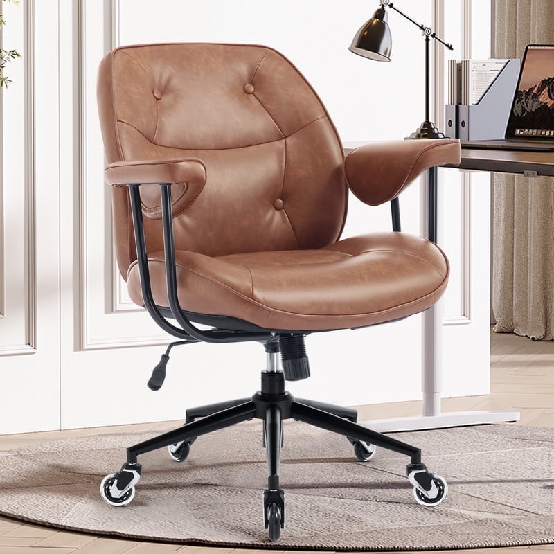 Mid Century Modern Office Desk Chair with Wheels and Arms, Mid Back Ergonomic Office Chair with Lumbar Support, Swivel Leather Computer Desk Chair for All Day Comfort