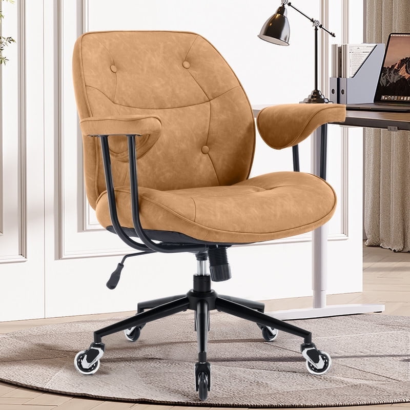 Mid Century Modern Office Desk Chair with Wheels and Arms, Mid Back Ergonomic Office Chair with Lumbar Support, Swivel Leather Computer Desk Chair for All Day Comfort