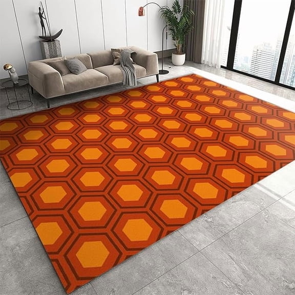 Mid-Century Modern Orange Geometric Washable Area Rug, Honeycomb Seamless Hexagon Carpet, Anti-Slip Foldable Mat for Bedroom Entryway Kitchen Office Living Room 5 x 7ft
