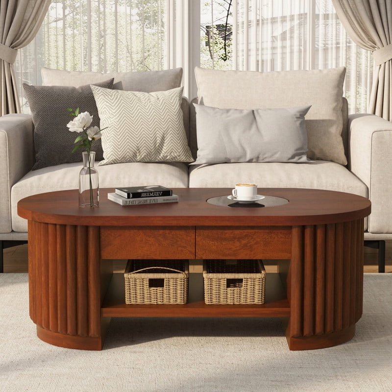Mid-Century Modern Oval Coffee Table with Drawers & Tempered Glass Inset Top, 2-Tier Fluted Center End Table with Open Shelf