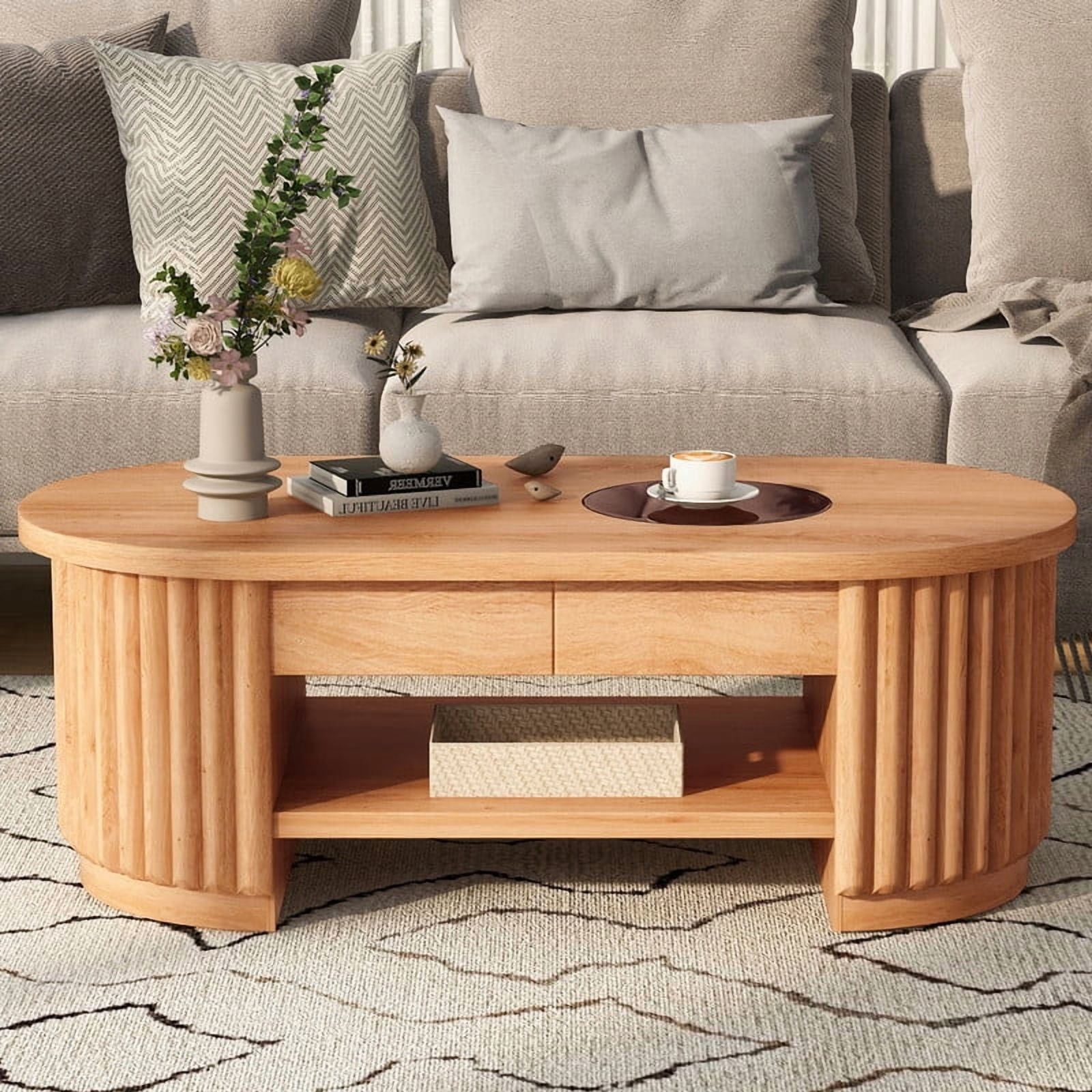 Mid-Century Modern Oval Coffee Table with Drawers & Tempered Glass Inset Top, 2-Tier Fluted Center End Table with Open Shelf