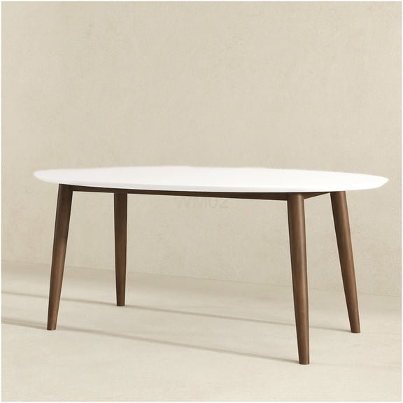Mid Century Modern Oval Dining Table with White Solid Wood Top, Brown Base for 6