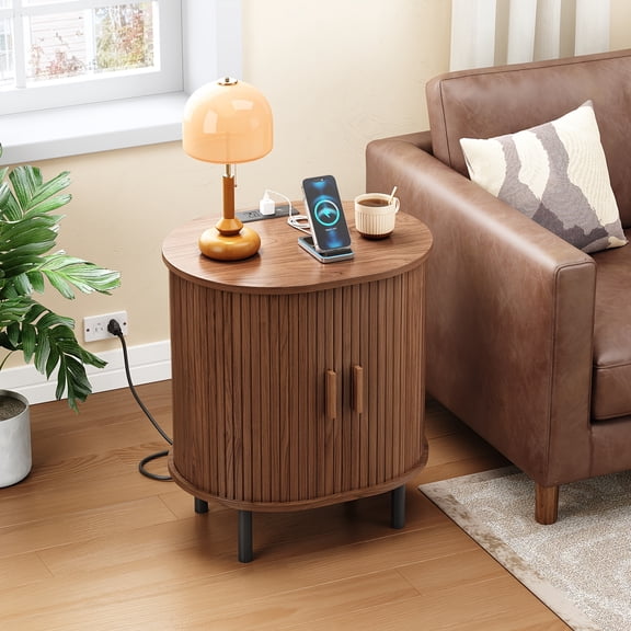 Mid-Century Modern Oval End Table with Storage and Charging Station, Wood Accent Side Table Featuring Sliding Door, Adjustable Shelf, and Leg Pads, Ideal for Small Spaces in Living Room or Bedroom