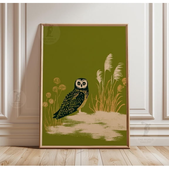 Mid Century Modern Owl Japanese Bird Art Green Nature Illustration, Unframed Poster