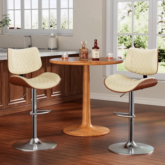 Counter Height Bar Stools Set of 2, Mid-Century Modern Faux PU Leather Swivel Bar Stools with Backrest for Kitchen Island, Beige