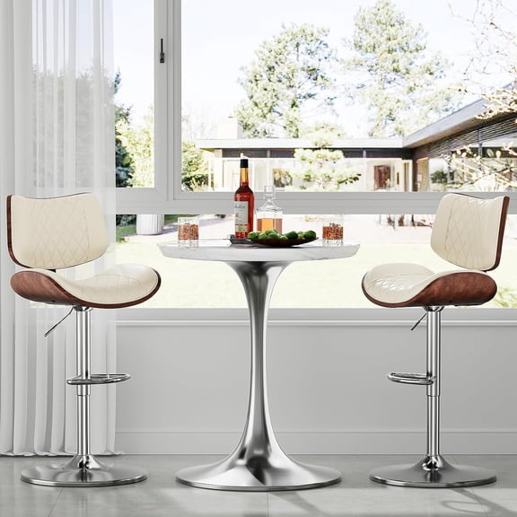Counter Height Bar Stools Set of 2, Mid-Century Modern Faux PU Leather Swivel Bar Stools with Backrest for Kitchen Island, Beige