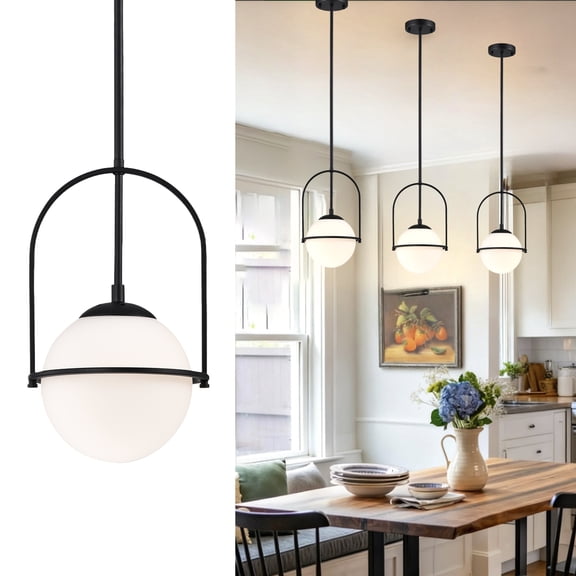 Mid-Century Modern Pendant Light Black with 7.1" Milk Glass Globe Shade, Adjustable Height Ceiling Light for Kitchen Island Dining Room