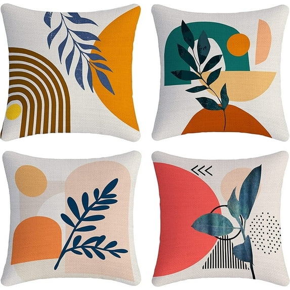 Mid Century Modern Pillow Covers Set of 4 18x18 Aesthetic Abstract Art linens Cotton Boho Decor Cute Plants Contemporary Pillows Accents Outdoor Farmhouse Sofa Couch Cases Decorations