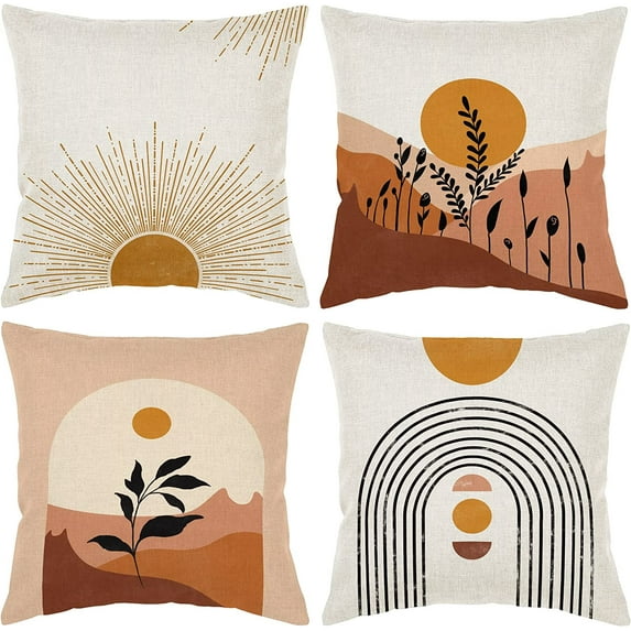 Mid Century Modern Pillow Covers Set of 4 18x18 Art linens Cotton Boho Decor Cute Plants Contemporary Aesthetic Abstract Pillows Accents Outdoor Farmhouse Sofa Couch Cases Decorations