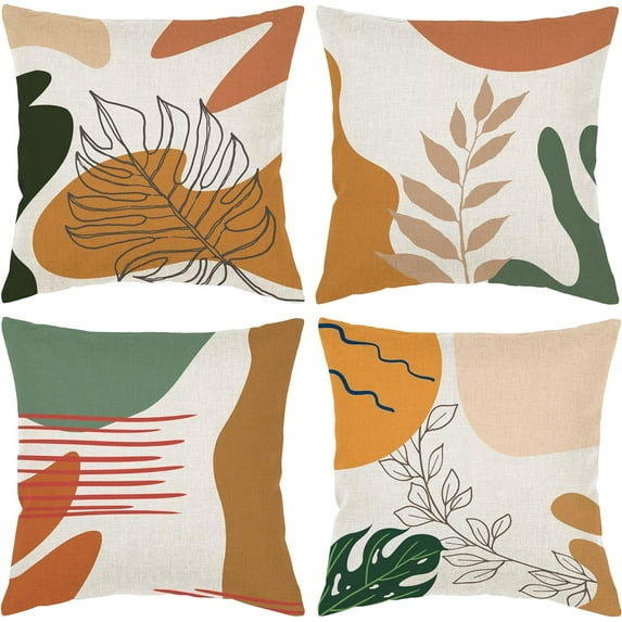Mid Century Modern Pillow Covers Set of 4 18x18 Cute Plants Contemporary Pillows Abstract Aesthetic Art linens Cotton Boho Decor Accents Outdoor Farmhouse Sofa Couch Cases Decorations