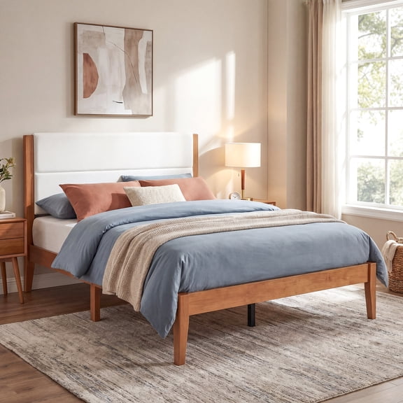 Mid-Century Modern Platform Bed Frame with Upholstered Headboard, High-Density Foam, Brown, Refined
