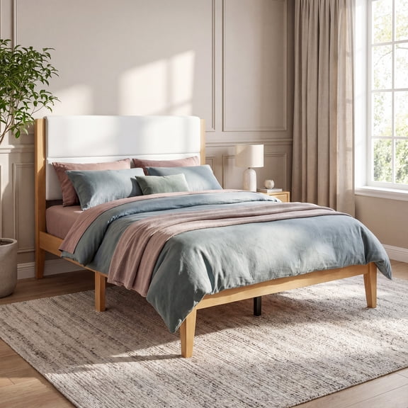 Mid-Century Modern Platform Bed Frame with Upholstered Headboard, High-Density Foam, for Bedroom