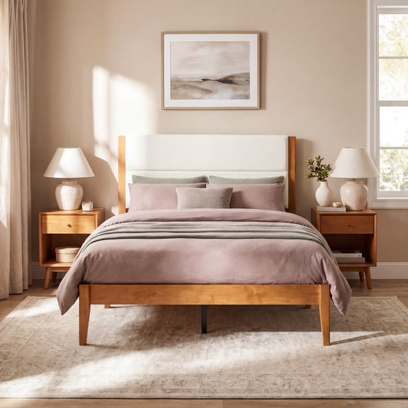 Mid-Century Modern Platform Bed Frame with Upholstered Headboard, Solid Wood Slat Support, No Box Spring Needed, Easy Assembly, Full Size, Brown