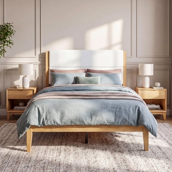 Mid-Century Modern Platform Bed Frame with Upholstered Headboard, Solid Wood Slat Support, No Box Spring Needed, Easy Assembly, Full Size, Natural