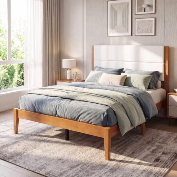 Mid-Century Modern Platform Bed Frame with Upholstered Headboard, Solid Wood Slat Support, No Box Spring Needed, Easy Assembly, Queen Size, Brown