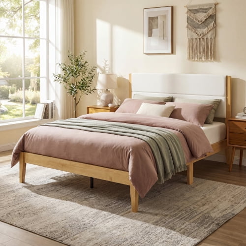 Mid-Century Modern Platform Bed Frame with Upholstered Headboard, Solid Wood Slat Support, No Box Spring Needed, Easy Assembly, Queen Size, Natural