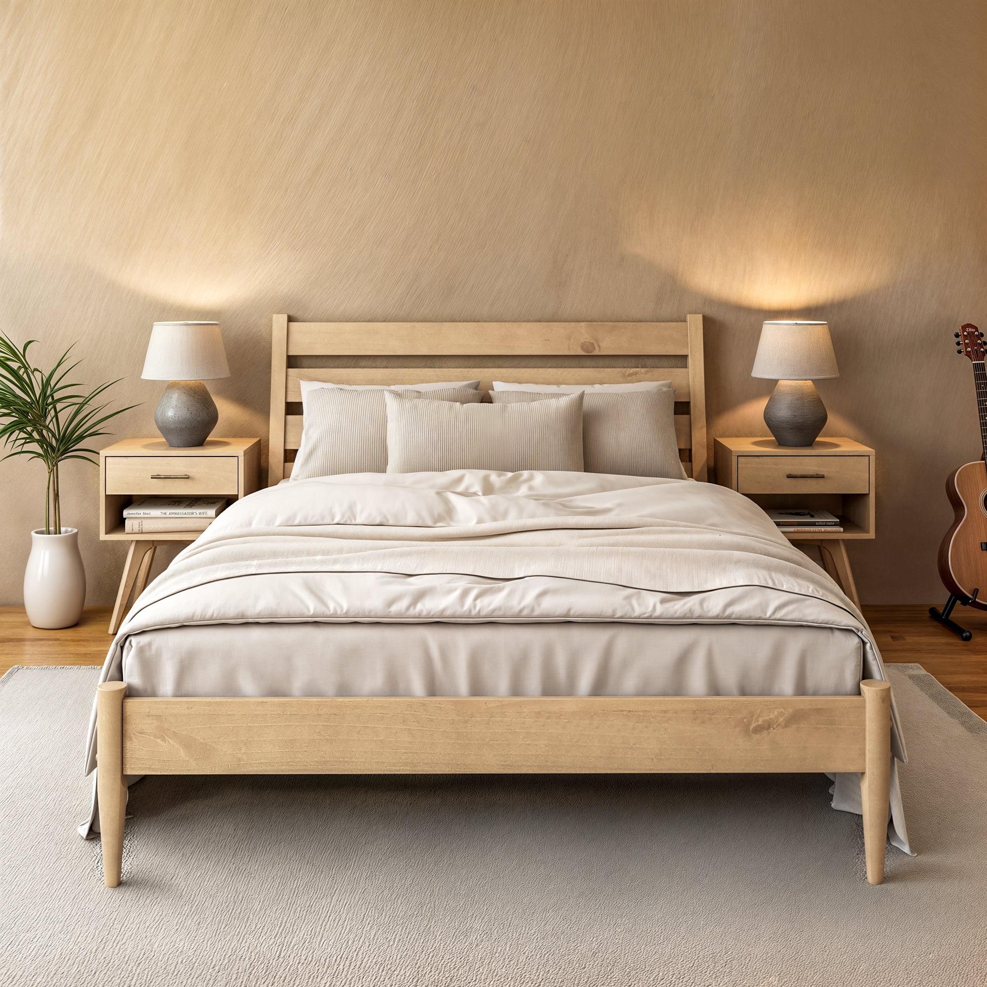 Camaflexi Mid-Century Modern Platform Bed, 100% Solid Wood Bed, Light Oak