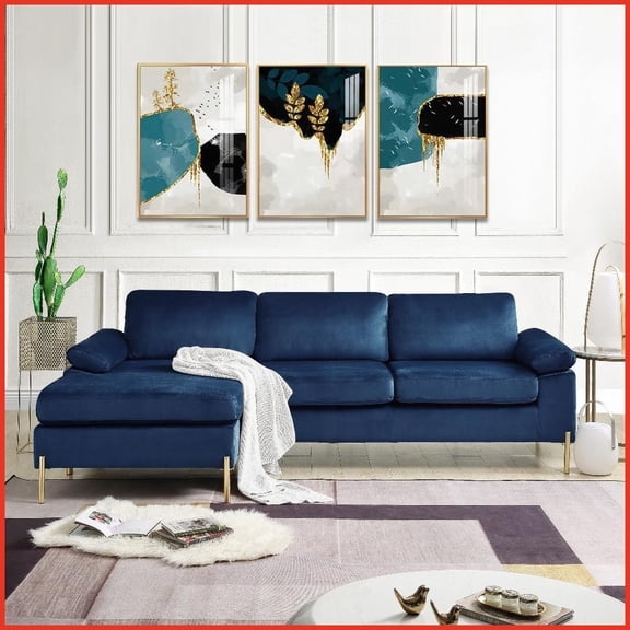 Mid-Century Modern Plush Velvet L-Shaped Sectional Sofa with Chaise for Living Room
