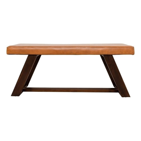 Pemberly Row Teak Wood and Genuine Leather Upholstery Bench in Cognac Tan/Walnut