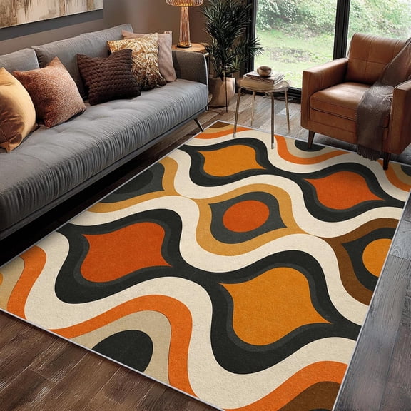 Mid Century Modern Pop Art Area Rug, Retro 70s Design Carpet, Washable Non Slip Soft Low Pile, Living Room Bedroom Kitchen Office Mat 2x3ft