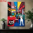 thumbnail image 1 of Mid-Century Modern Pop Art Cityscape Painting - Retro 1950s-60s Inspired Wall Decor with Bold Red, Yellow, Blue, Black, White, and Neon Colors - Vintage Cars, 1 of 6