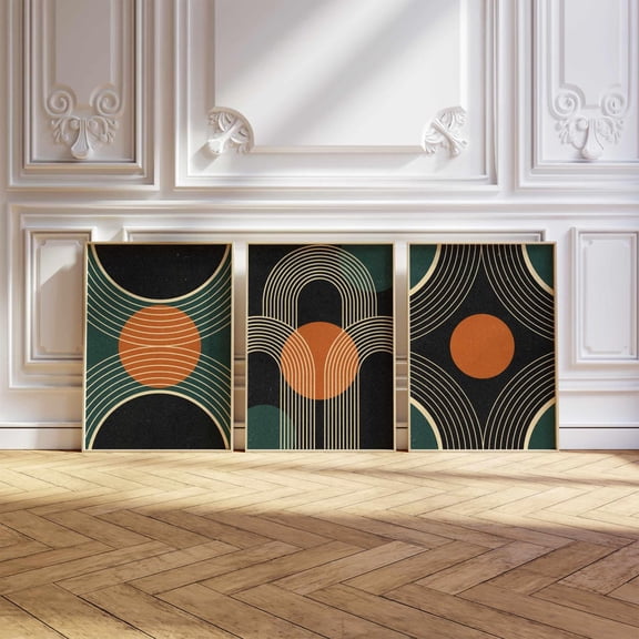 Mid Century Modern Poster Abstract Geometric Wall Art Black Teal Orange Contemporary Gallery Wall Decor, Stretched Canvas
