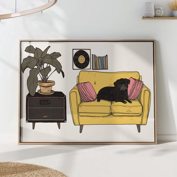 Mid-Century Modern Pug Art Print Retro Dog Yellow