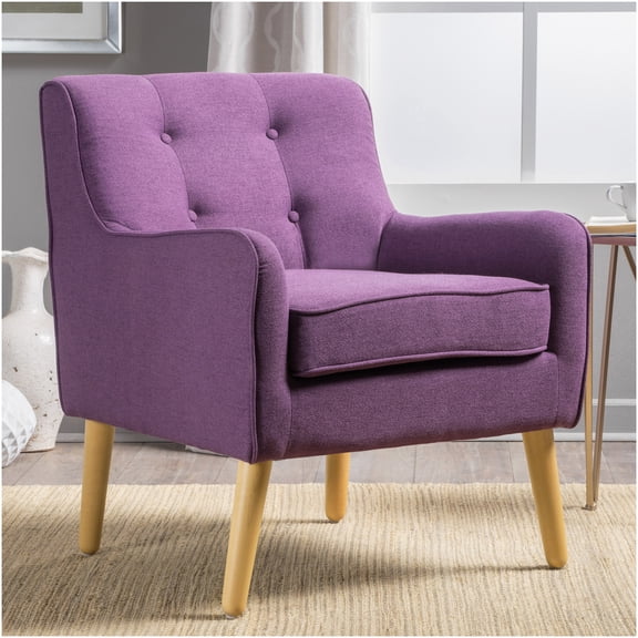 Mid-Century Modern Purple Fabric Arm Chair with Tufted Back and Wooden Legs