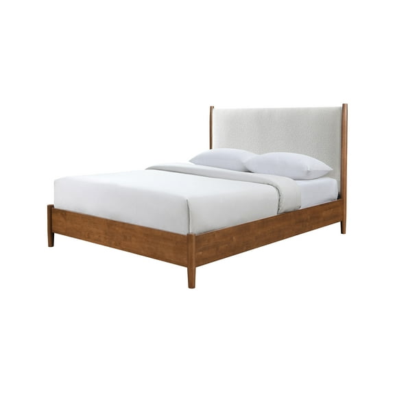 Mid-Century Modern Queen Bed Frame in Walnut & Beige Boucle: Solid Wood with Fabric Panel Headboard, Mattress Ready, Round Tapered Legs for Bedroom