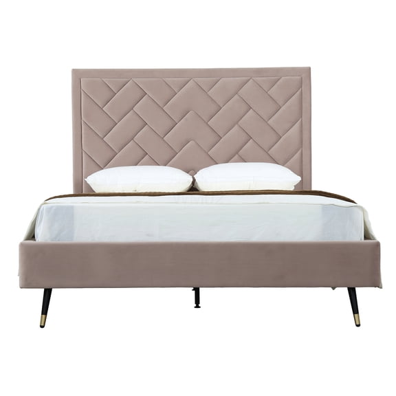 Mid-Century Modern Queen Bed Frame with Velvet Upholstered Headboard, Blush Pink, No Box Spring Needed