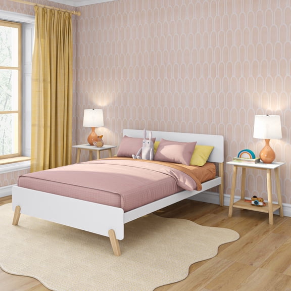 Mid-Century Modern Queen Panel Bed, White/Blonde