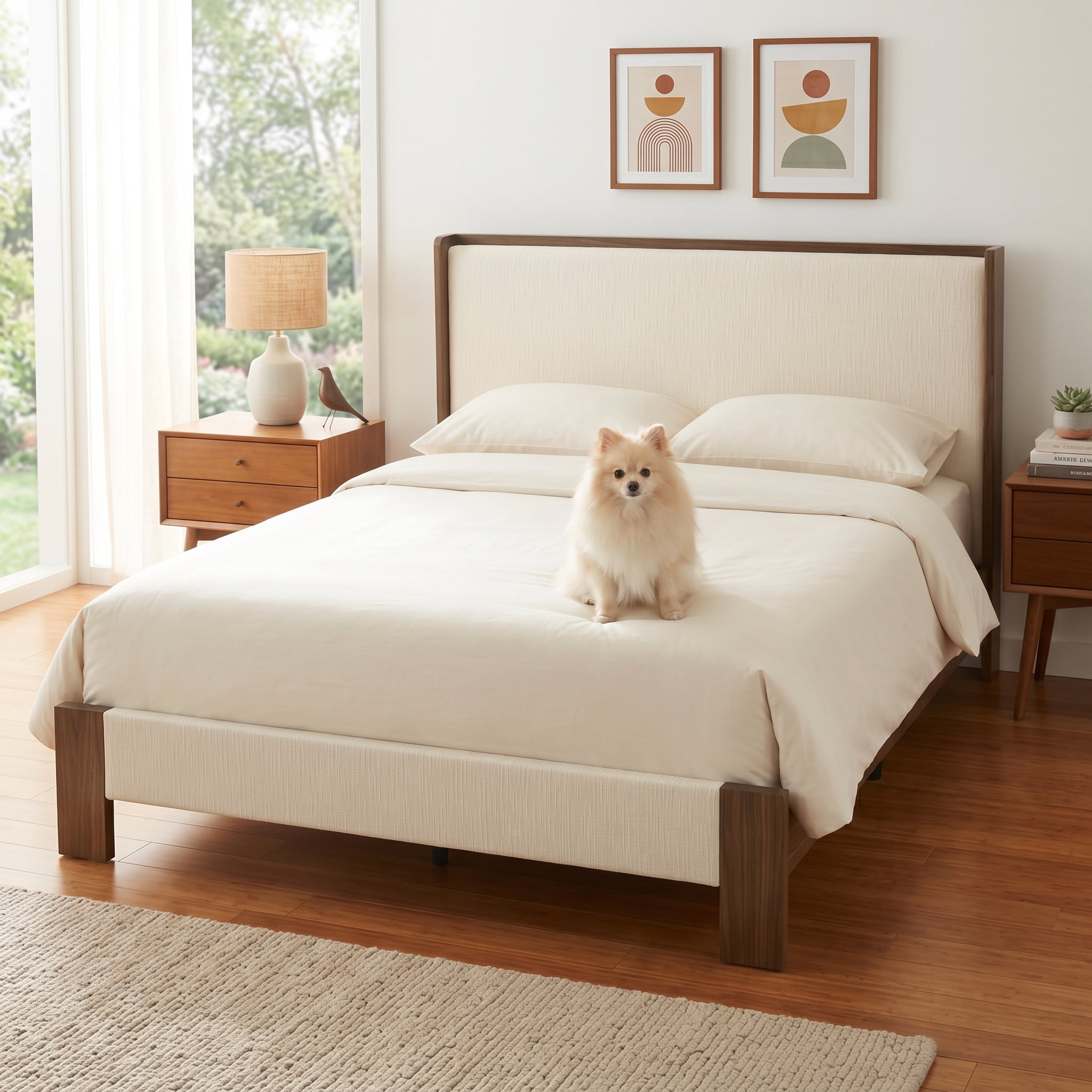 Mid Century Modern Queen Platform Bed Frame with Linen Upholstered ...
