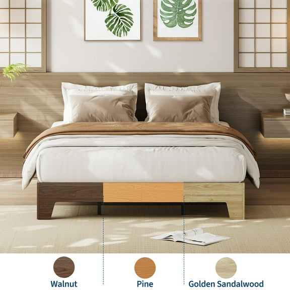 Mid-Century Modern Queen Size Bed Frame - Wood Slat Support & Underbed Storage