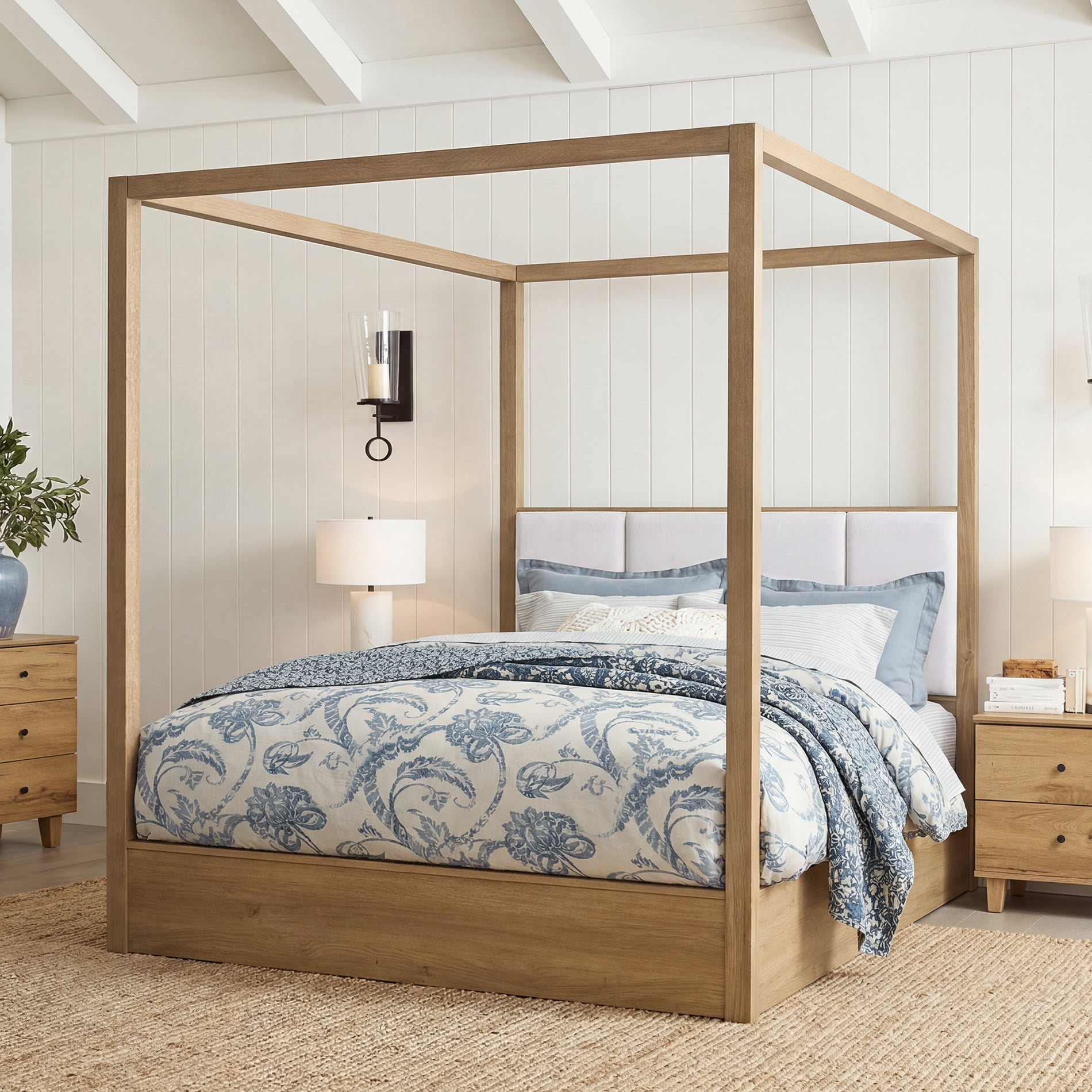 Mid-Century Modern Queen Size Canopy Bed Frame with Upholstered Headboard, No Box Spring Needed, Solid Wood 4 Poster Bed for Bedroom, Oak Brown