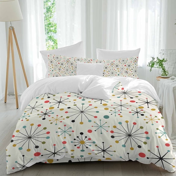 Mid-Century Modern Queen Size Comforter Set, Retro Geometric Colorful Star Shape Lines Bedding for All Seasons, 4 Pcs Bed Set, 1Quiltcover (90"x92") ,1Sheet(94"x116"), 2Pillowcases (30"x20")